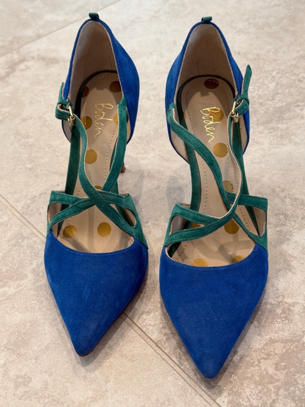 Boden Blue and Green Suede Pointed-Strap Heels - Picture 2 of 5